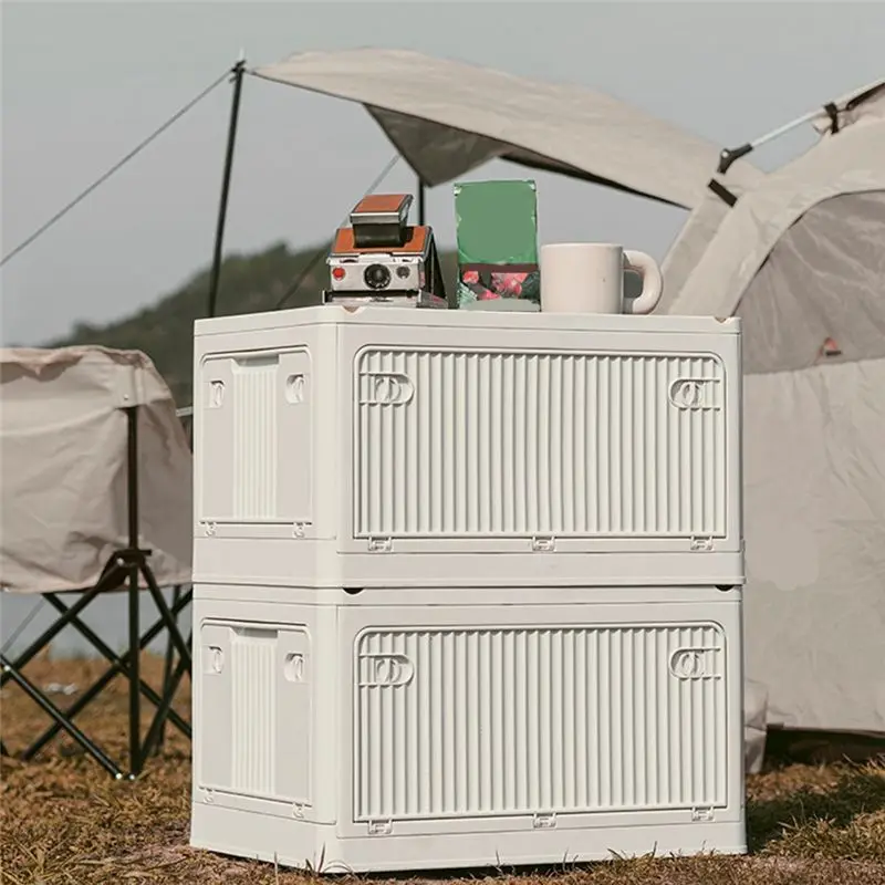 feelfeel Outdoor Camping Folding Box with Wooden Lid Capacity Car Storage Box Food Organizer for Household 56L Transparent