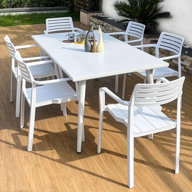 

Outdoor tables and chairs white milk tea shop simple terrace aluminum alloy courtyard open-air outdoor leisure folding long tabl