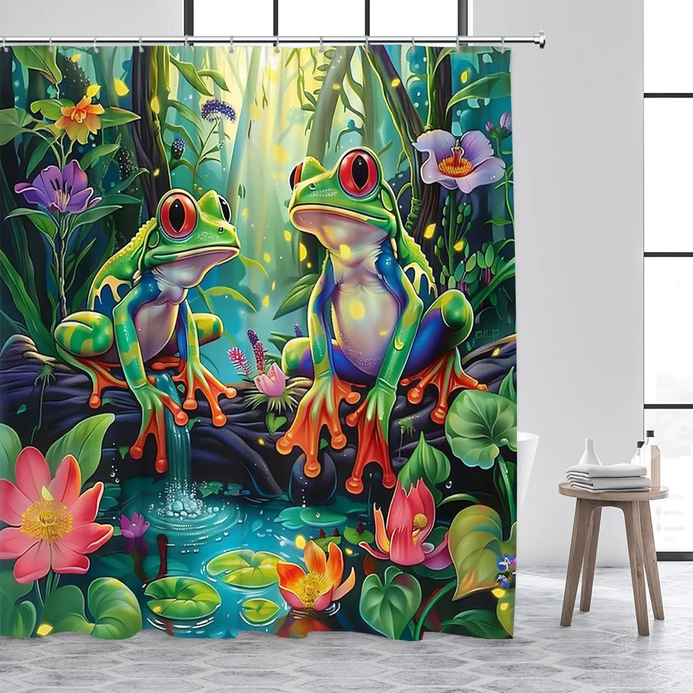 Forest Frog Shower Curtains Funny Animals Jungle Floral Green Plants Rustic Scenery Bath Curtain Polyester Fabric Bathroom Decor