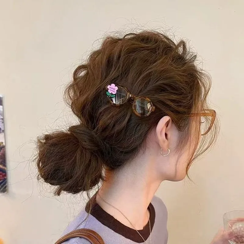 Sweet Cute Mini Glasses Hair Clip with Flowers Korean Fashion Versatile Bangs Side Clip for Women Girls Hair Styling Decorations