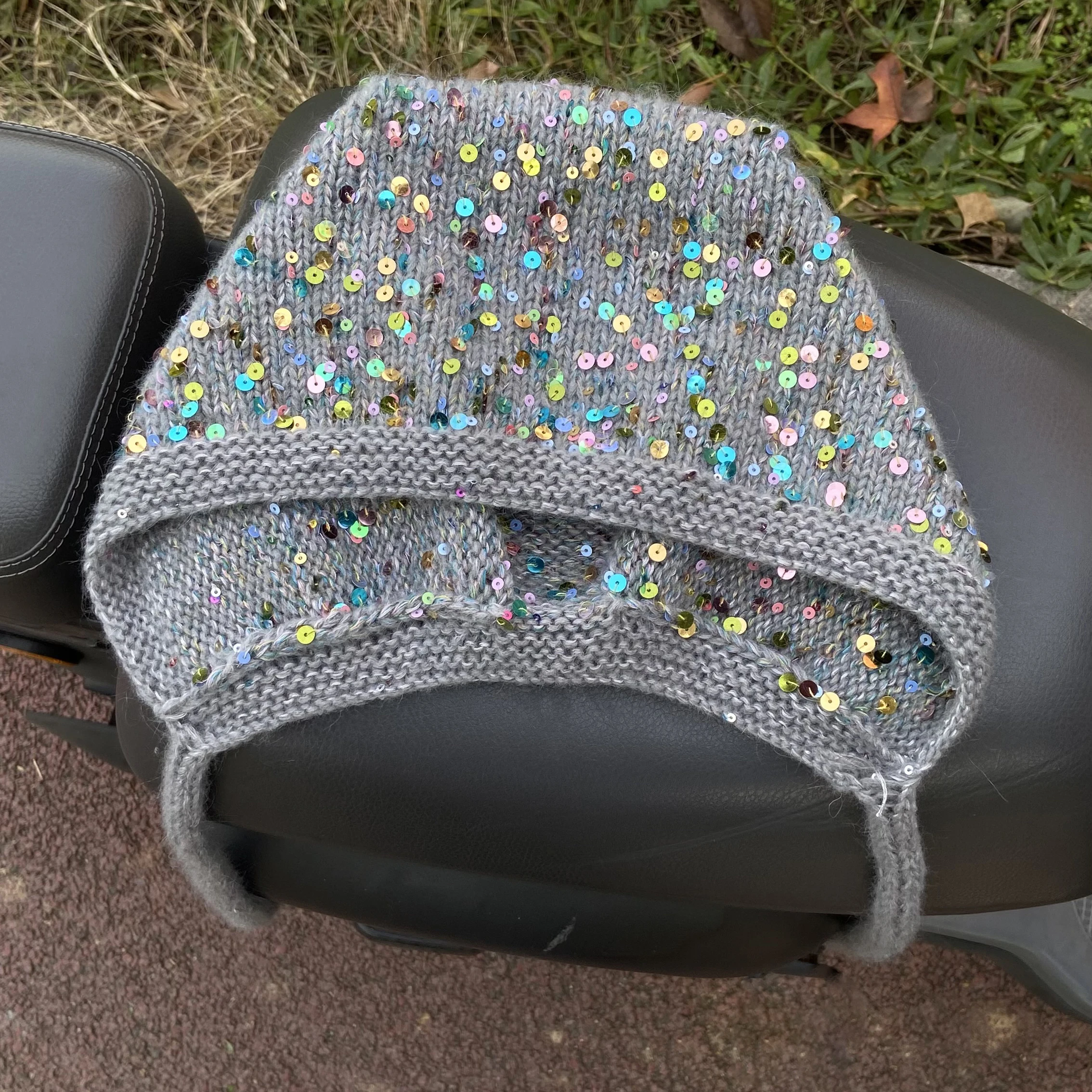 Women Glamorous Gray Knitted Beanie with Sparkle Sequins Tie Strings Soft Fluffy Slouchy Hat for Girls Casual Party Winter Hats