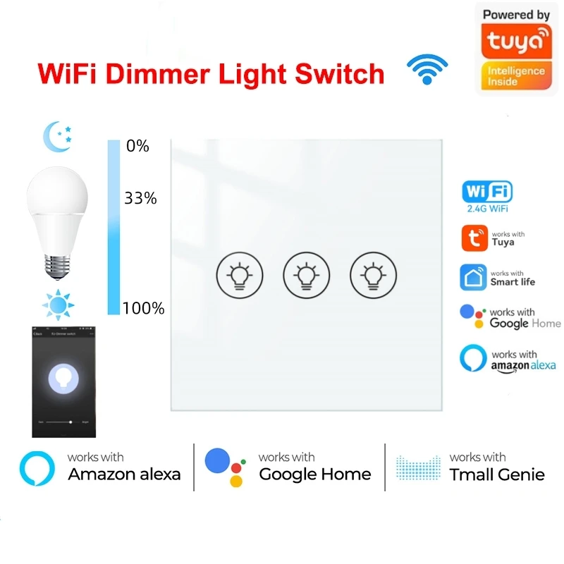 Smart WiFi Light Dimmer Switch Brightness Wireless Control Panel Tuya APP Light Mode Alexa Google Home Voice 1/2/3 Gang EU