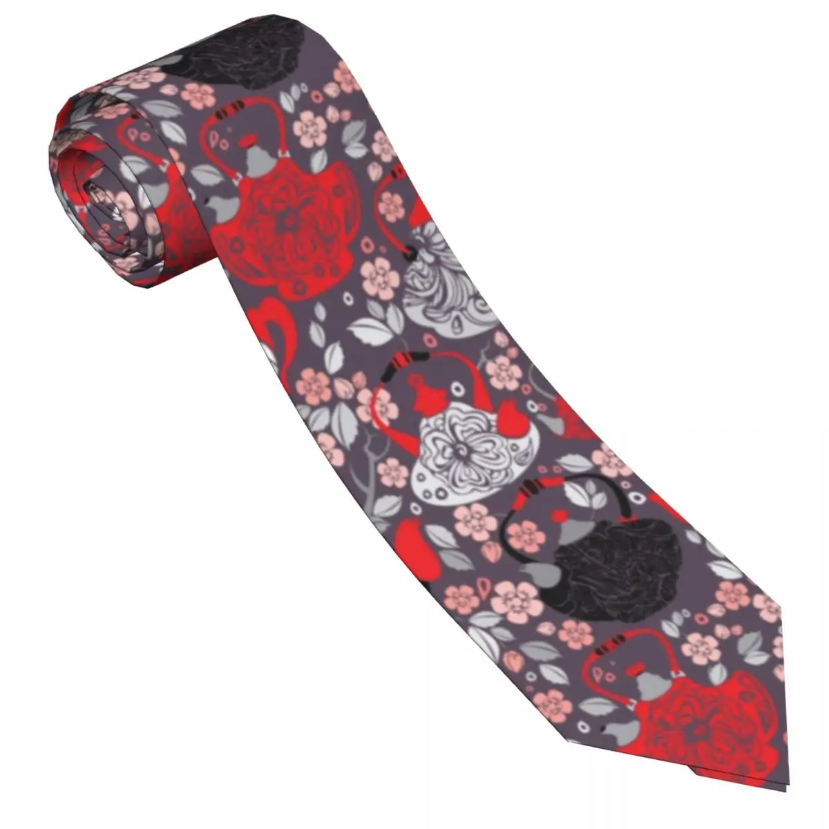 Classic Tie Men Neckties for Wedding Party Business Adult Neck Tie Casual Retro Tea Pots And Sakura Flowers Tie