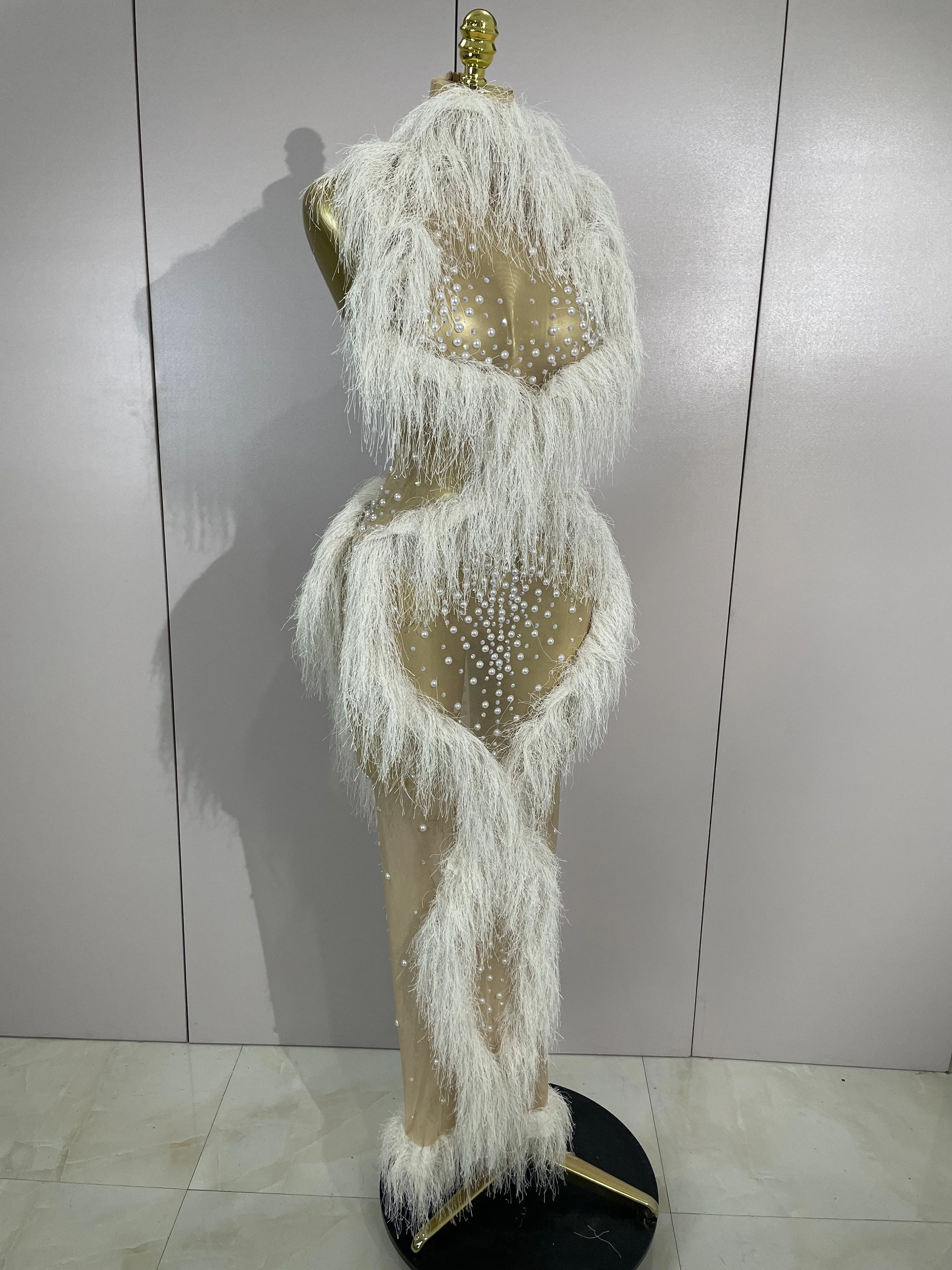 2026 New Sparkly Pearl Tassel Mesh See Through Long Dress Women Sexy Luxury Birthday Prom Party Nightclub Singer Stage Costume - Image 4