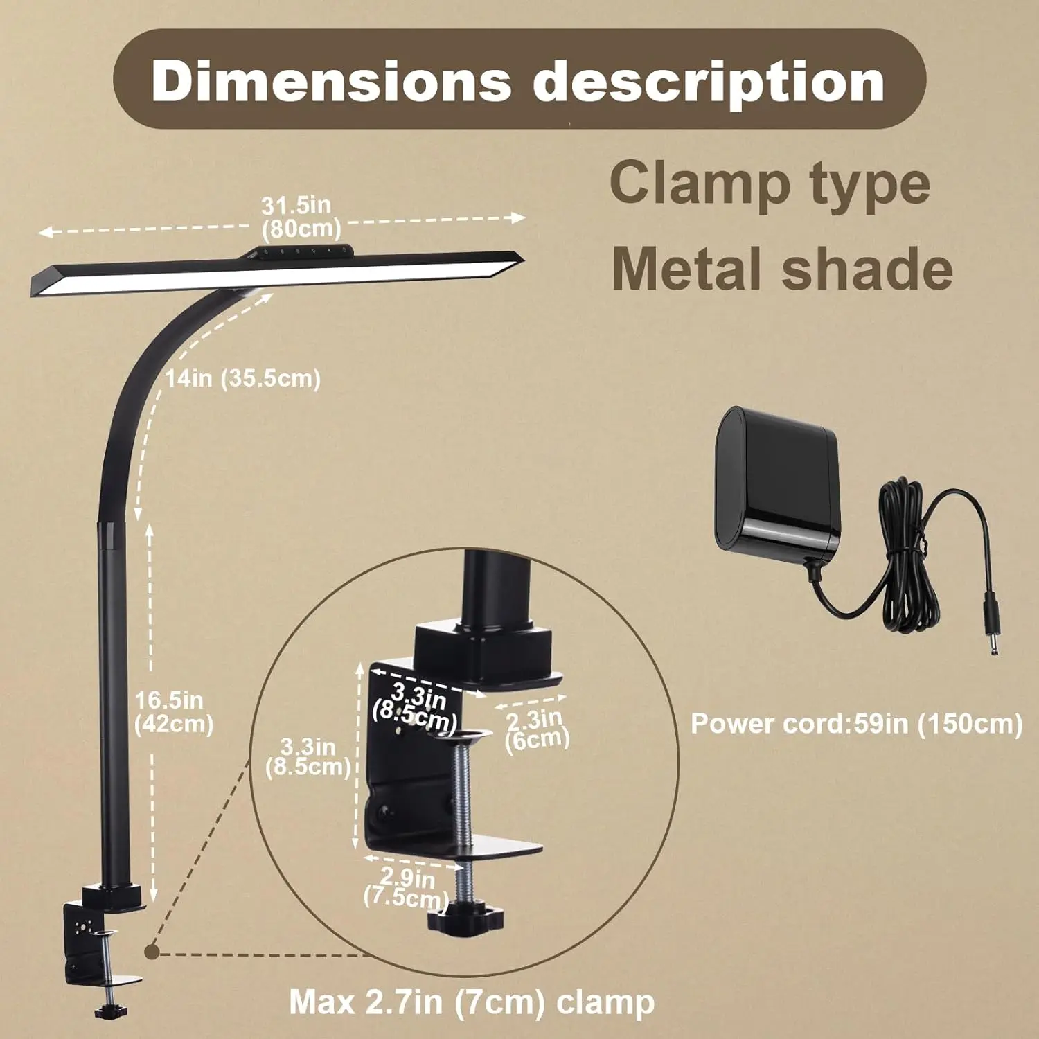 LOOPITYS-LED Lâmpada de Mesa com Controle Tátil, Candeeiro de Mesa Regulável, Temperaturas de Cor Ajustáveis, Grampo, 24W, 80cm, 2310 Lumens