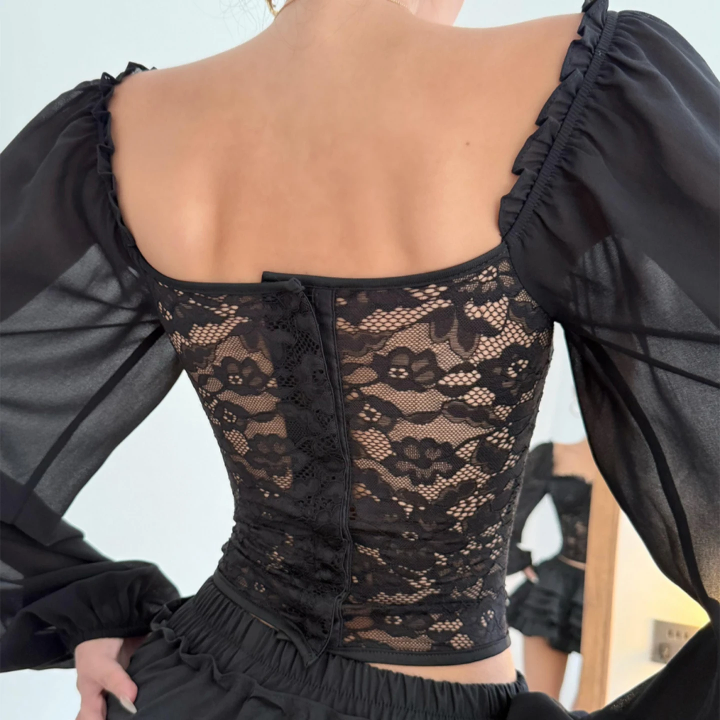 Y2k Sexy Lace Strap Crop Top Women Lantern Sleeve Off-shoulder Gothic Shirt Grunge T-shirt Sweet Aesthetics Tees Vintage Clothes