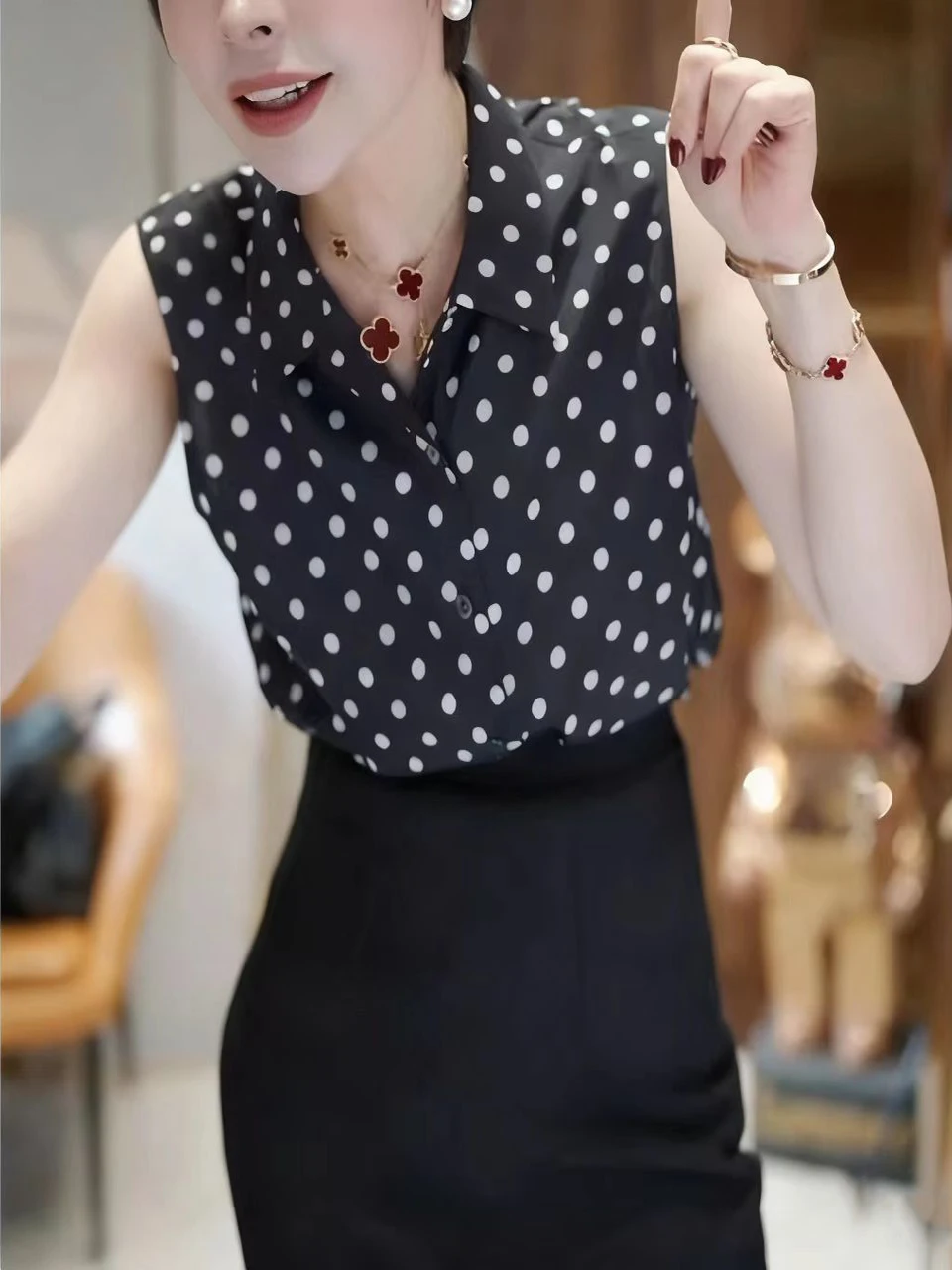 plus Size Polka Dot Vest Women's Summer New Sle High Quali irt Collar Blouse Top Korean Sle Straight Cut Print Polyester