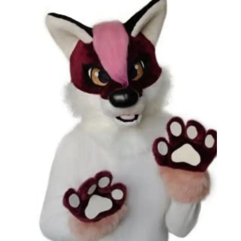 

Wolf Fursuit Head and Handpaws Burgundy/White Furry Mascot Section for Teens Age 9-15 Celebration Coswear for Both Men and Women