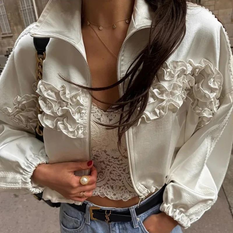 Trendy Loose Long Sleeve Womens Short Jacket Crop Tops Folded Ear Mushroom Ruffle Zipper Drawstring Coat Spring Casual Outerwear