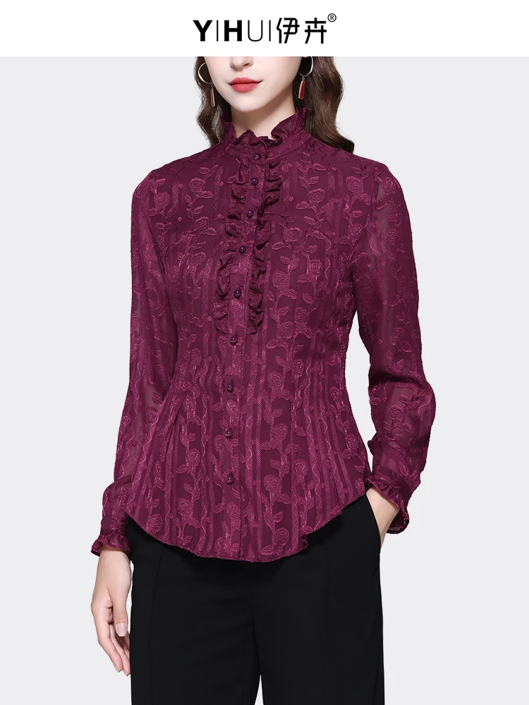 2024 Spring New Women Wine Red Floral Chiffon Blouse Long Sleeve Stand Collar Slim Fit Button-down Shirts Vintage Casual Tops