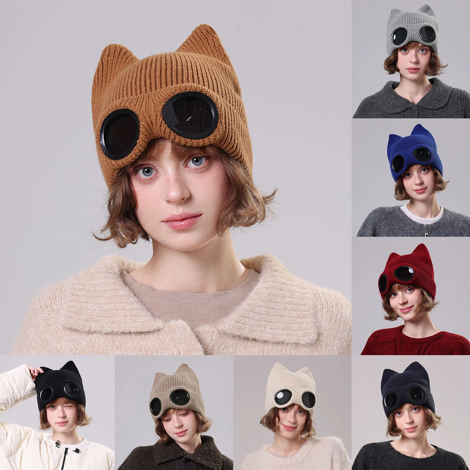 New Fashion Outdoor Glasses Knitting Ski Cap Cute Ears Sun Visor Street Dance Teenage Hats Pilot Glasses Men Women Baseball Cap