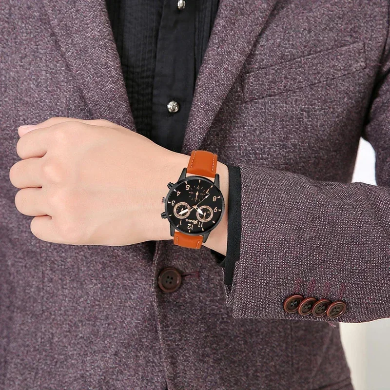 4PCS Set Fashion Mens Business Watches For Men Brown Leather Hand Rope Luxury Man Sport Casual Quartz Wrist Watch Reloj Hombre