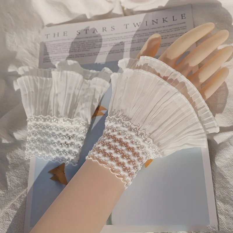 Double Ruffle Fake Cuff Solid Color Cuffs Bracelet Lace Pleated Wrist Cuffs Sleeves for Women