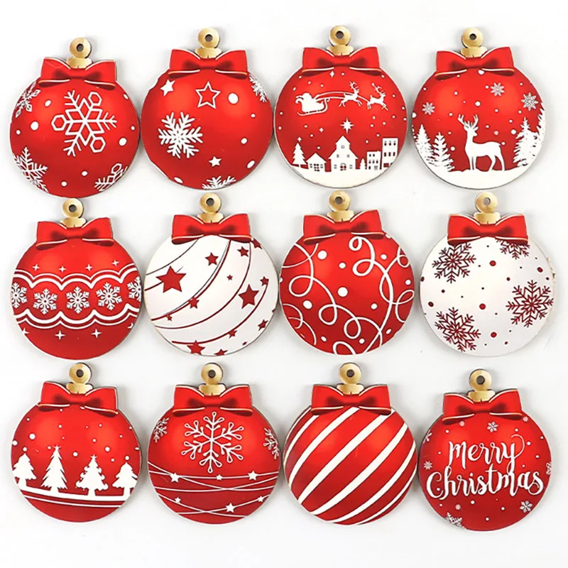 

(12pcs set)7*5.7cm Christmas Ball Wooden Pendant Xmas Decoration Colored Woodblock Children's Cartoon Snowman Hanging DIY