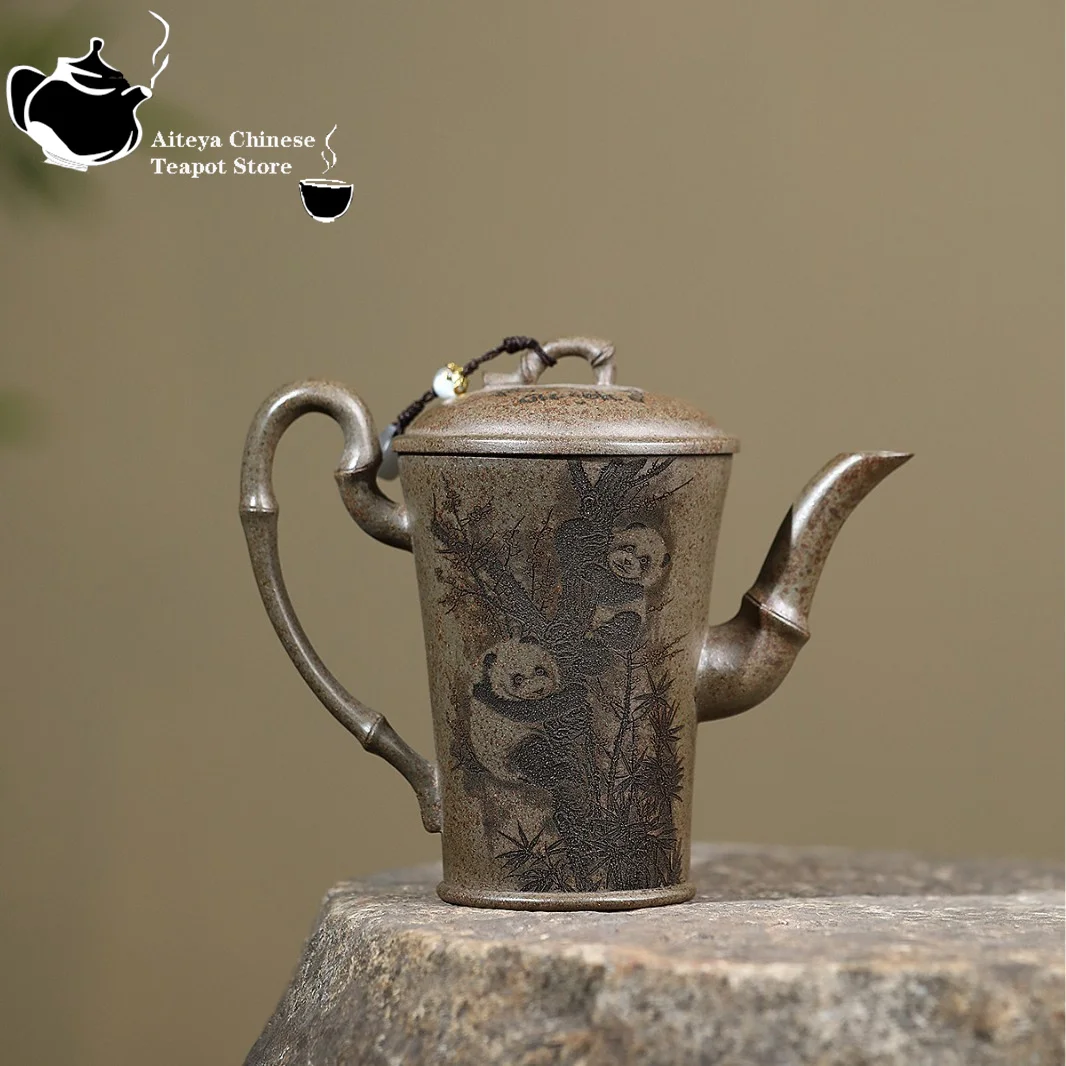 Yixing purple clay teapot, original ore, agarwood mud, high-temperature wood fired, panda bamboo tube teapot, Chinese teapot