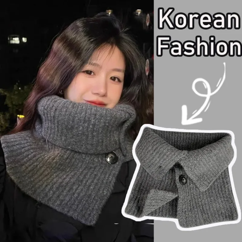 

2024 Korean Ins Women Winter Scarf New Korean Woolen Scarf Fashion Solid Color Knitted Button Scarves Fake Collar Scarf Shawl