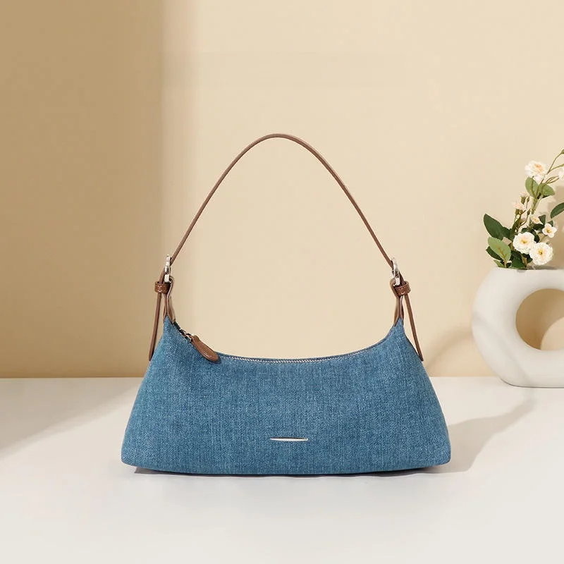 

Faionable Retro Western Sle Color Blo Denim Underarm Bag Single oulder Dumpling Bag Sewing Line Contrast Patchwork