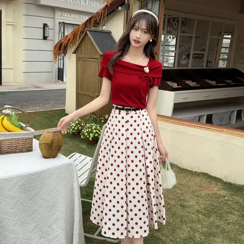 

Women's Two Skirt Piece Set Short Sleeve Vacation 2025 Clothing Trend Formal Event Y2k Streetwear Full Polka Dots Female Outfits