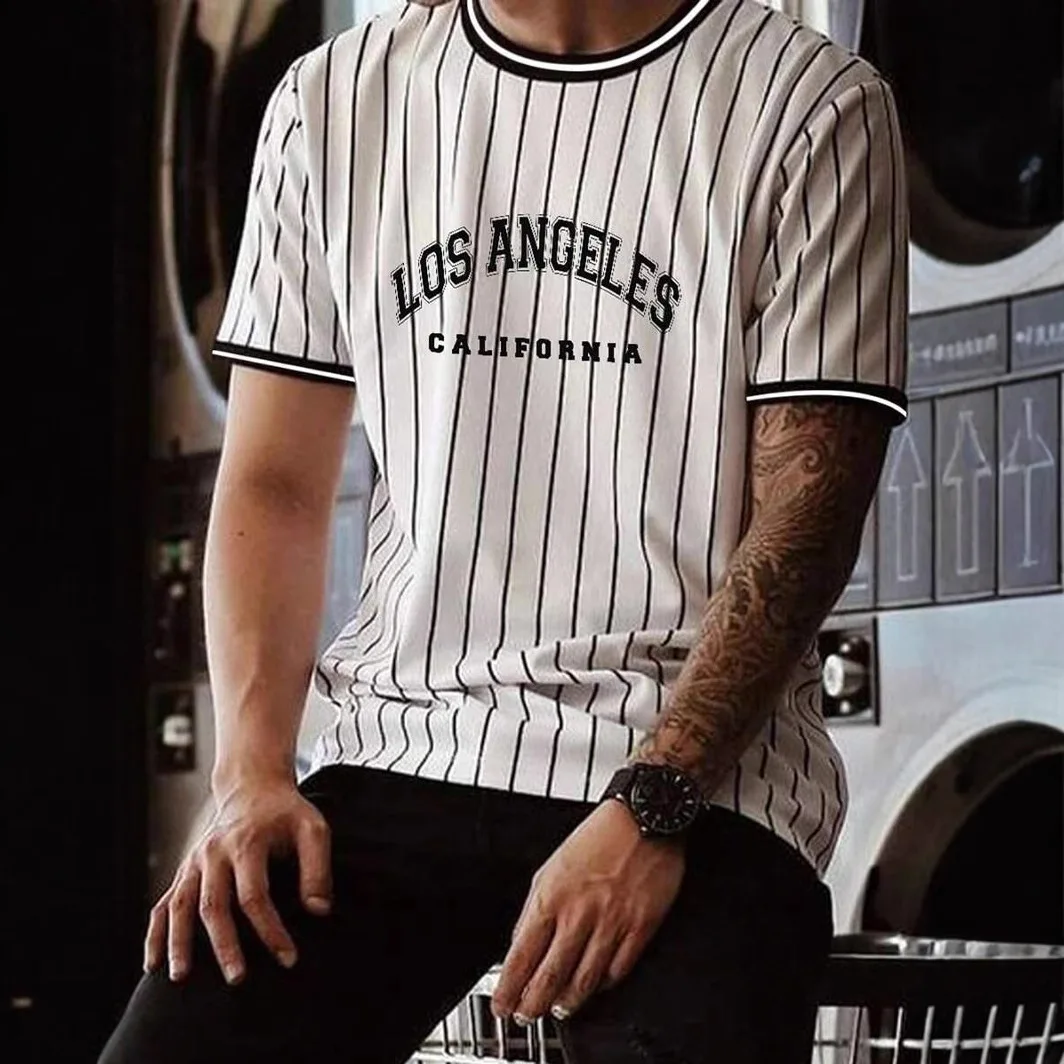 

Trendy men's clothing 3D digital printed letter stripe graphic T-shirt loose and breathable versatile short sleeved top for men