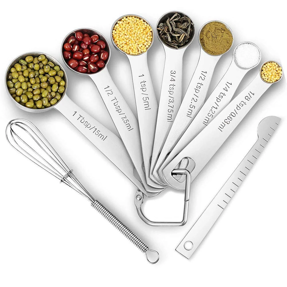 Kitchen Food Stainless Steel Measuring Spoon 9-Piece Set Machine Clean Whisk Measuring Stick Multi-Size Durable Household Spoons