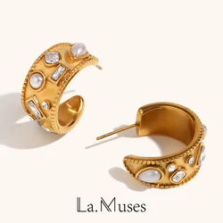 New Luxury Encrusted Shiny Geometric Zircon Shape Lovely Pearl C Hoop stainless steel Earrings For Women Daily Jewelry