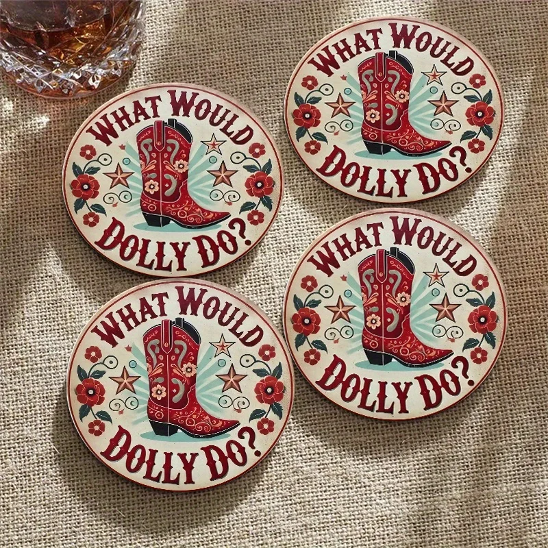 Vintage Western Boot Design 2D 6PCS Wooden Coaster Lightweight Coffee Shop Office Home Decor Housewarming Desktop Protection