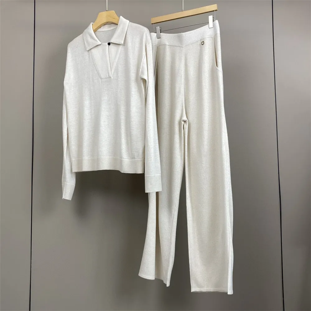 Autumn L*P Women\'s Lapel Wool Knit Sweater+ Elastic Waist Wide Leg Pants Two-Piece Set
