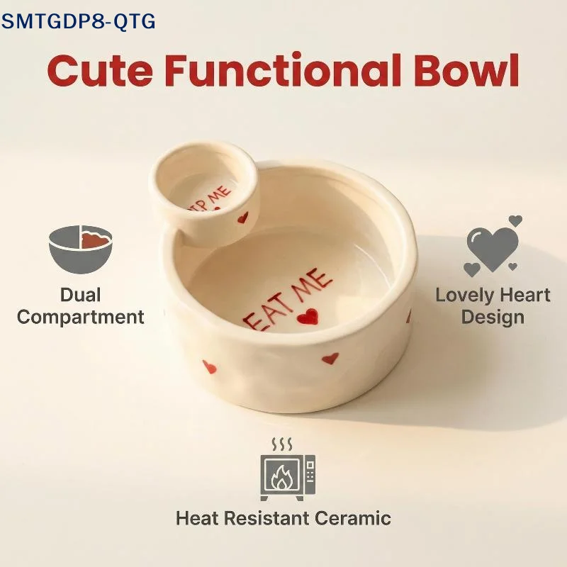 Hot Ceramic Bowl With Integrated Sauce Compartment Cute Red Heart Prints For Daily Snacks Home Party Serving