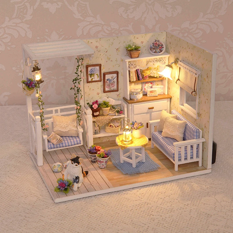 CUTEBEE DIY House Miniature Building Kit Cute Cat Tiny Doll Houses Furniture Led Light For Children Kid Birthday Handicraft Gift