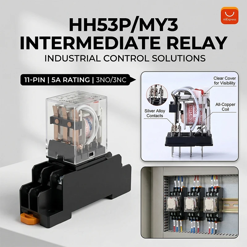 2Pcs Electromagnetic Coil General DPDT Power Relay MY3NJ 11Pins HH53P DC12V 24V AC 220V Miniature Relay With PYF08A Base
