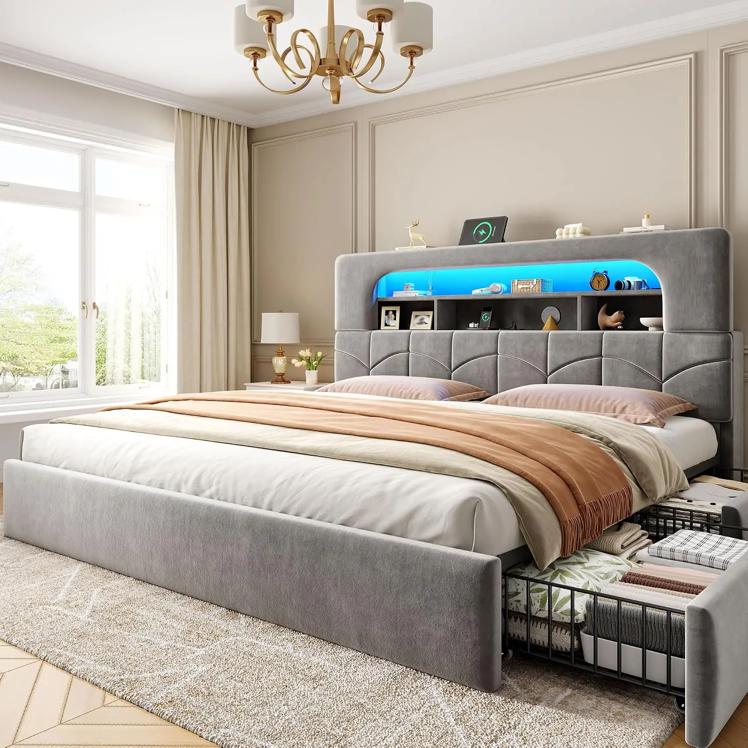 King Size Bed Frame With Storage Drawers - Bettgestell in Kingsize mit 4 Schubladen
