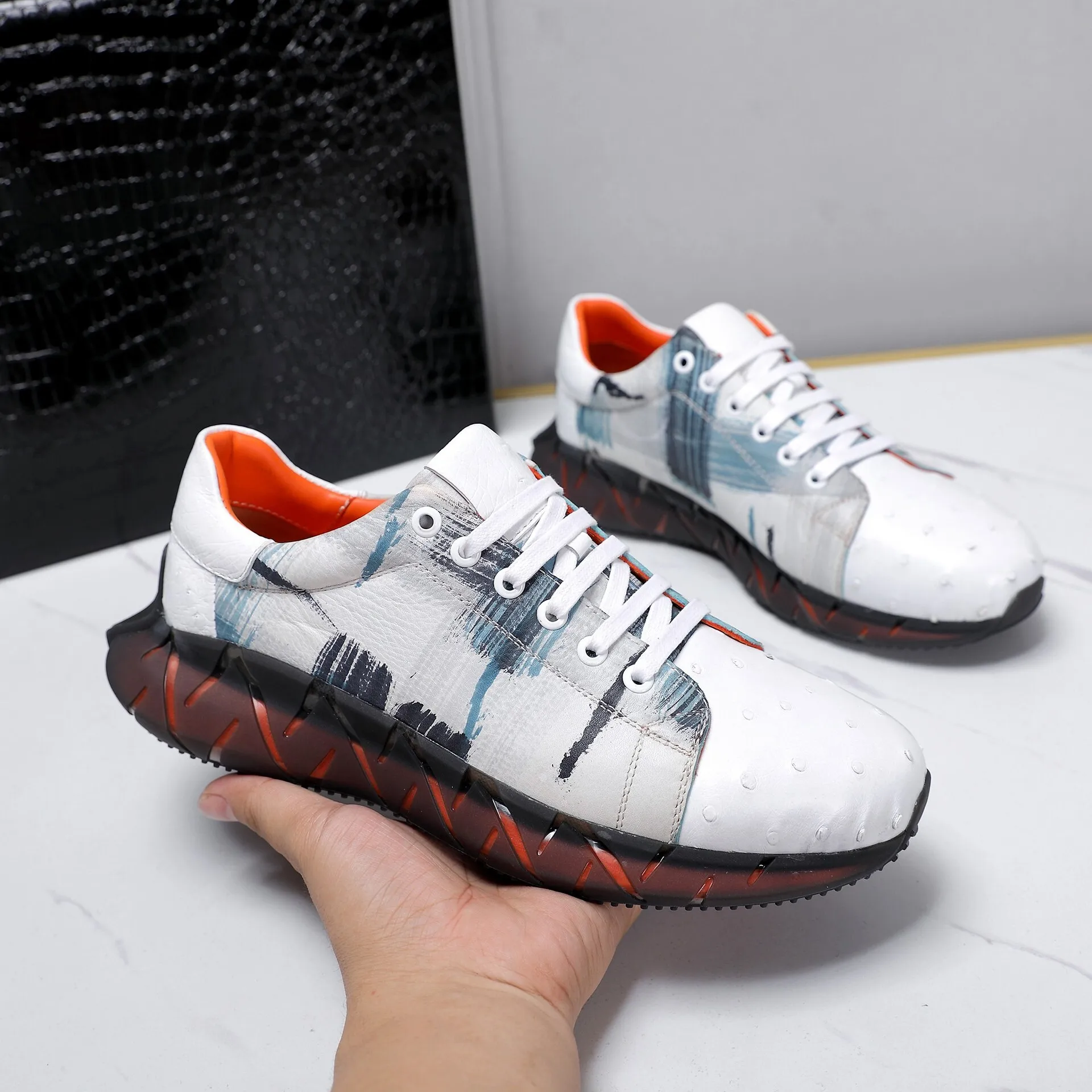 New Men Sneakers Hand-painted Ostrich Leather Casual Fashion Trend Lacing Men's Spring/summer Korean Edition Sports Male Shoes