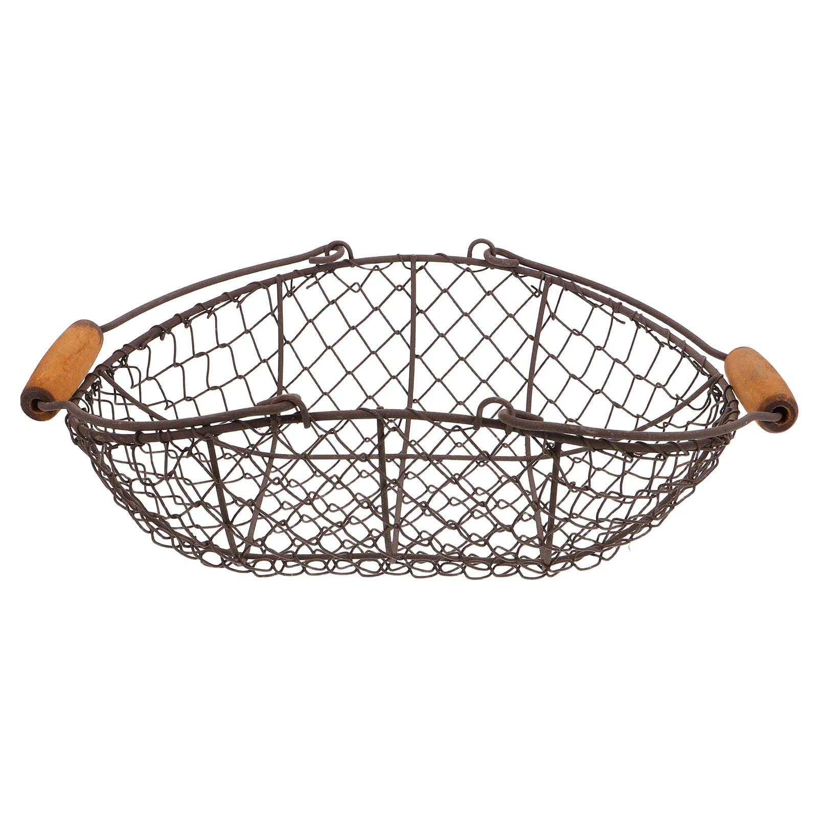 

Wrought Iron Basket Wooden Handle Versatile Use Kitchen Living Room Pantry Storage Fruits Snacks Produce Elegant Design