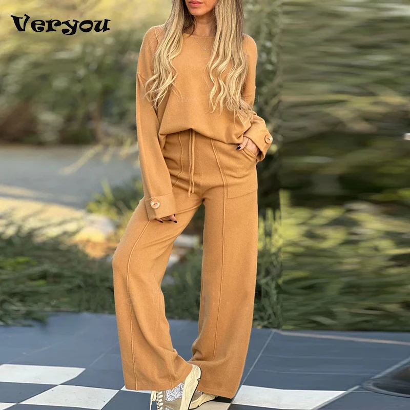 

Уличный стиль, свободная рубашка с длинным рукавом и круглым вырезом, брючный костюм с эластичной резинкой на талии, женский осенний повседневный комплект из двух предметов