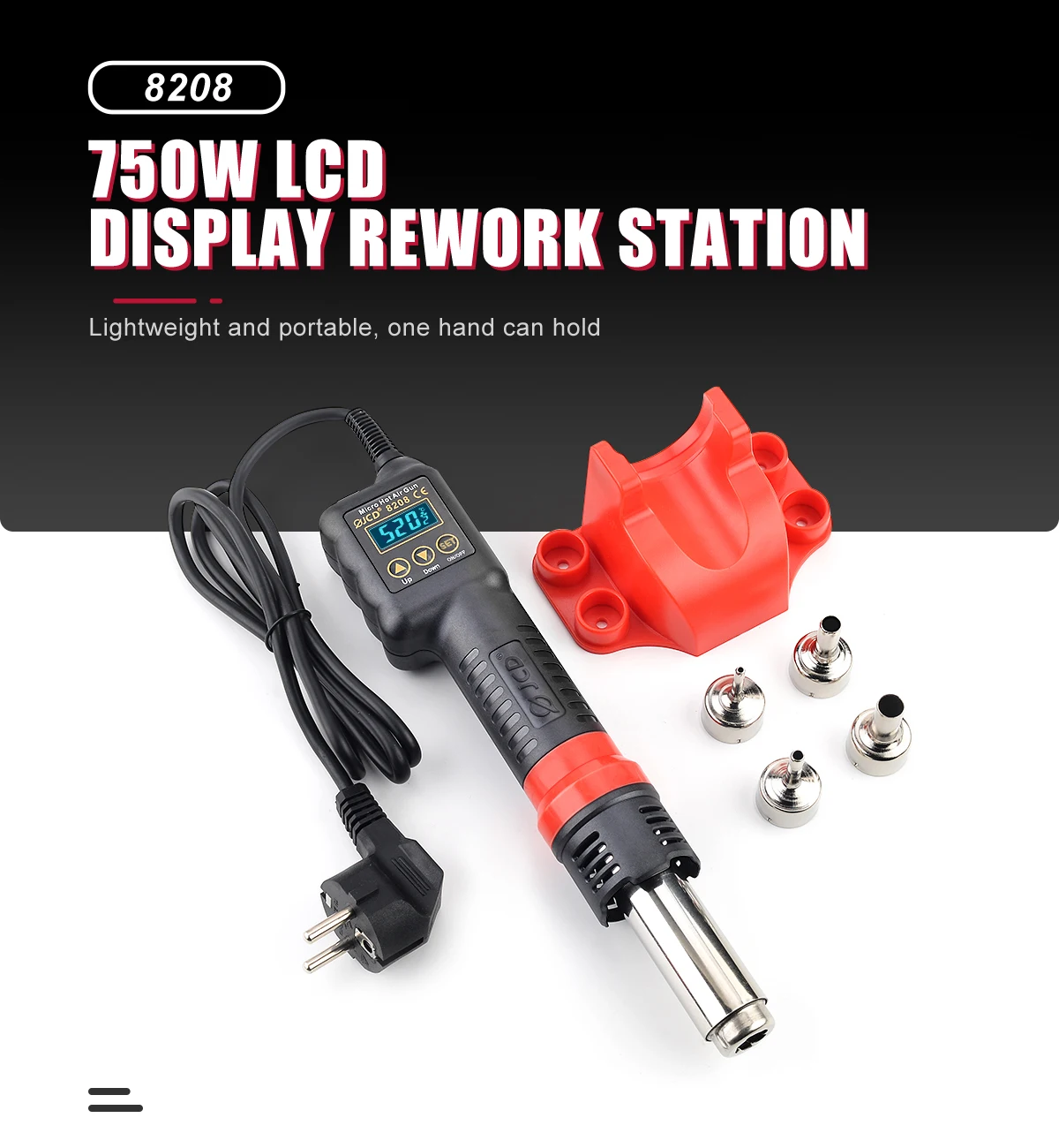 JCD 8208  Portable Integrated Hot Air Gun  Adjustable Temperature 750W LED Display Mobile Phone Repair Hot Air Gun Solder iron s