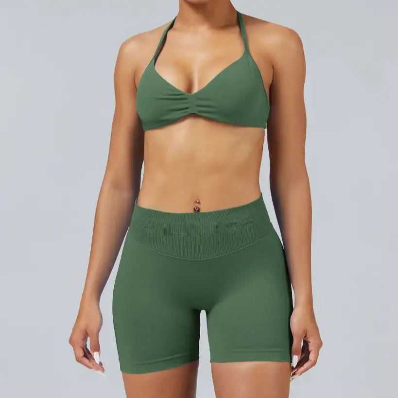 لا شعار 2 قطعة مجموعة رياضية النساء سلس ملابس رياضية لليوجا Strappy الرياضة الصدرية مجموعة تي شيرتات قصيرة للأطفال الصالة الرياضية اللياقة البدنية ملابس رياضية الجري تجريب مجموعات