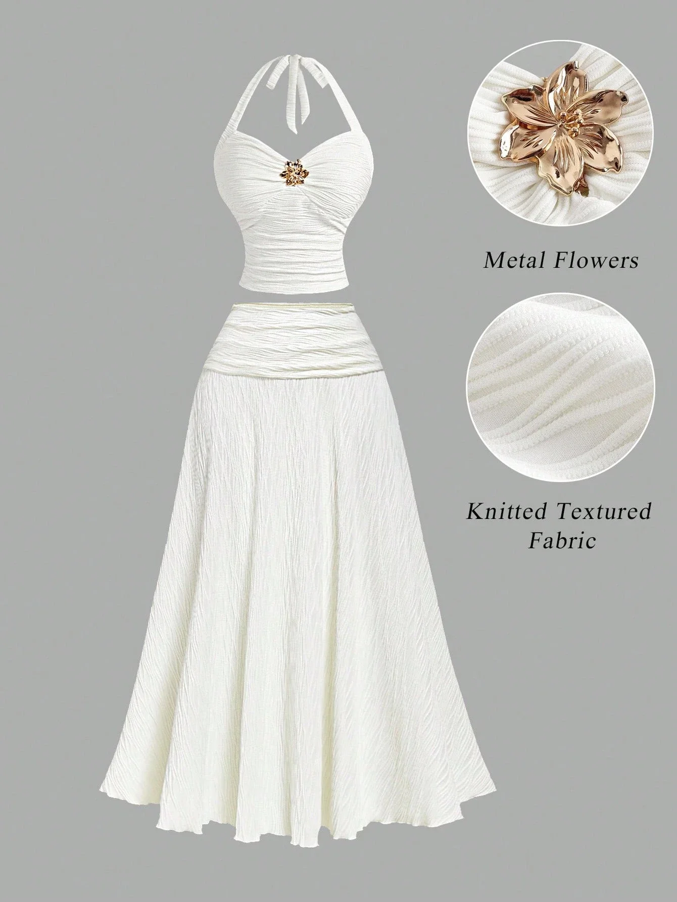 

White Halter Top And Midi Skirt Set Knitted Textured Fabric Metal Flower Decoration