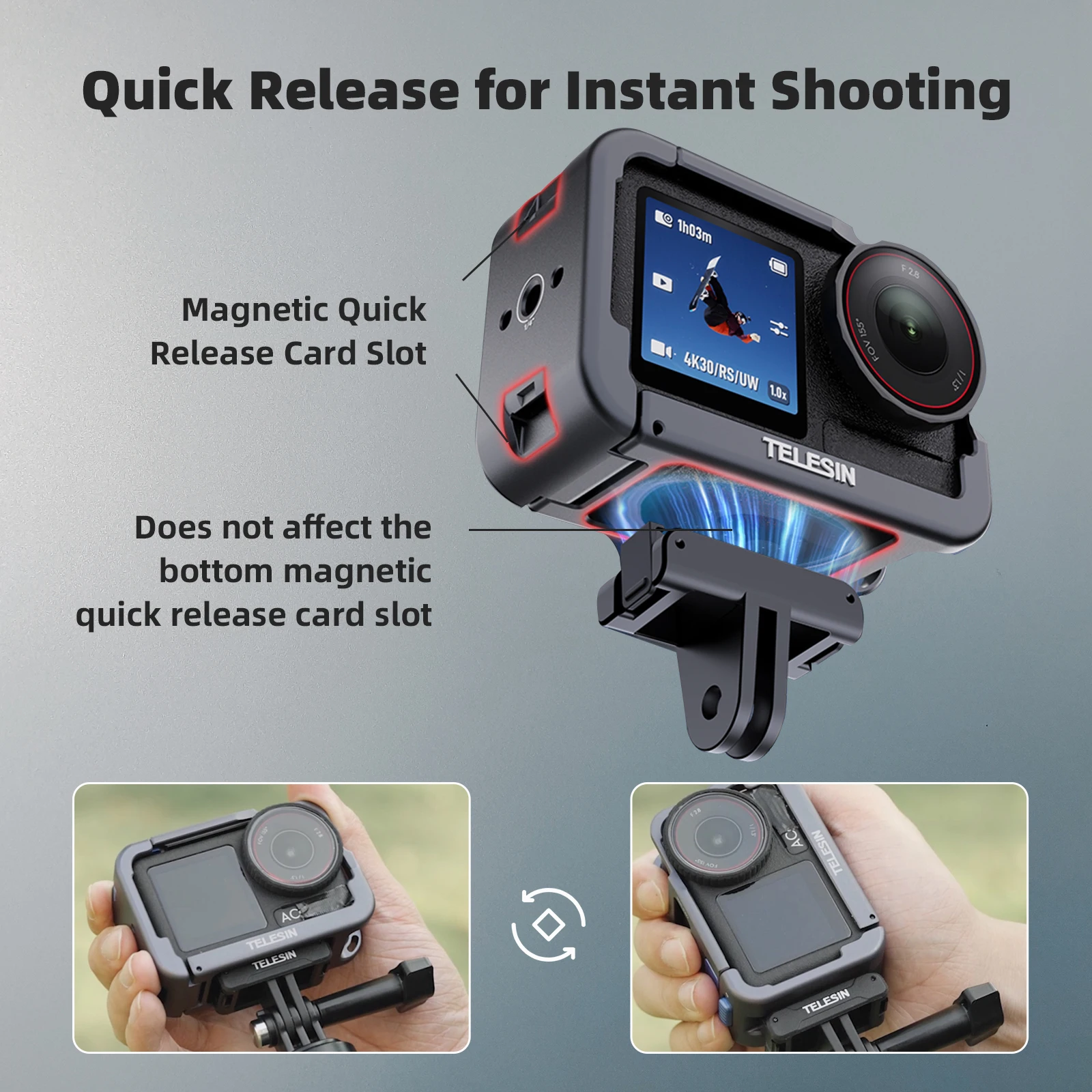 TELESIN Metal Protective Frame Combo Cage for DJI OSMO Action 5 4 3 Aluminum alloy Protective Frame with Dual Cold Shoe Mount
