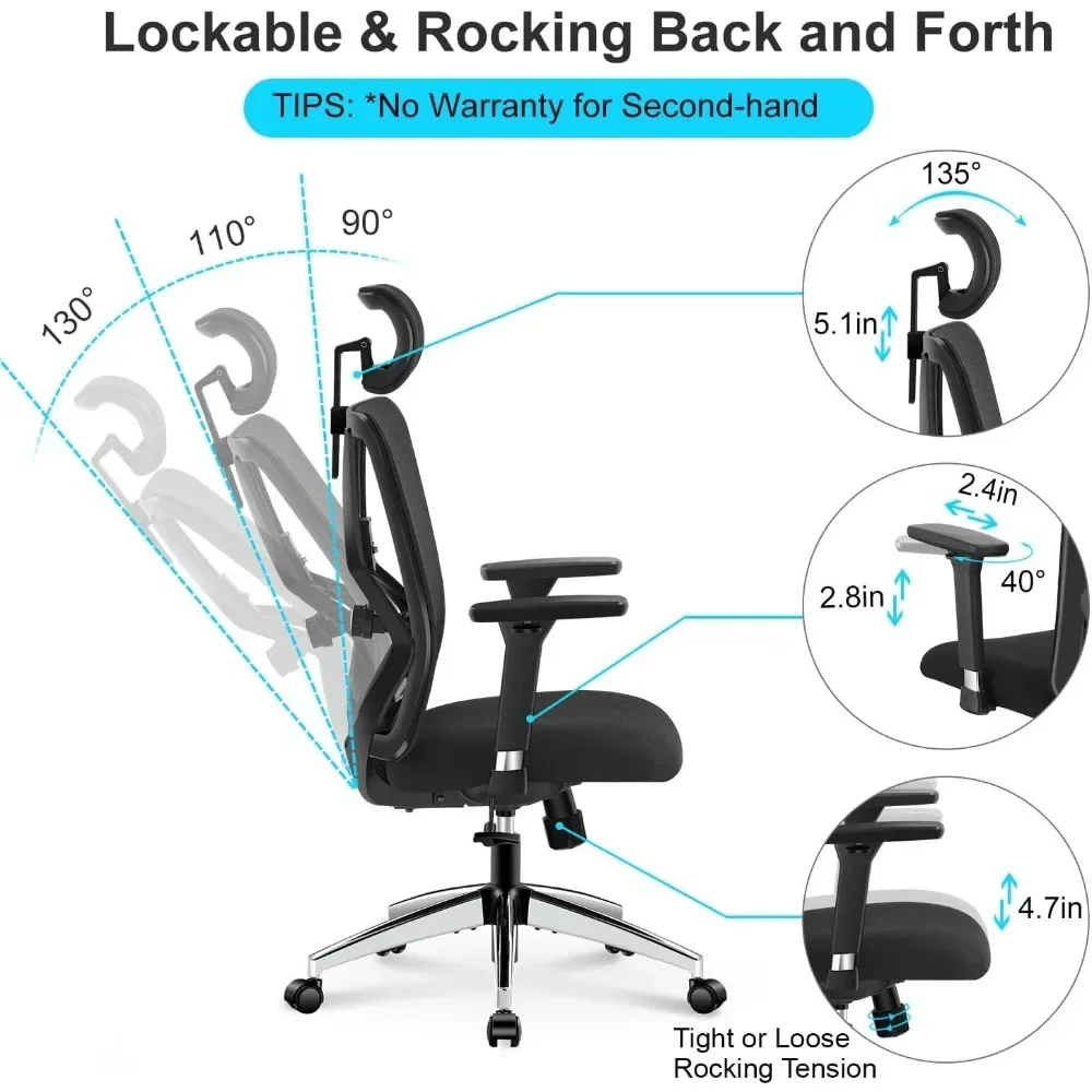 Ergonomic Office Chair - High Back Desk Chair with Adjustable Lumbar Support & 3D Metal Armrest - 130°Reclining & Rocking Mesh