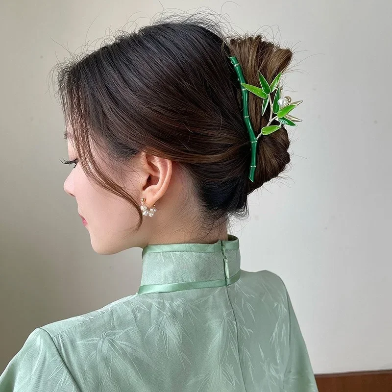 New Women\'s Retro Green Bamboo Hair Clips Women\'s Pearl Hair Clip Girl Styling Decorative Headwear Hair Accessories