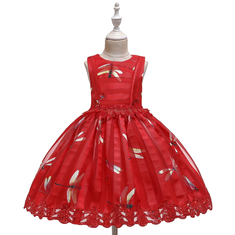 4 Colors 100cm-150cm Children Dress Princess European and American Sleeveless Print Bow Vestidos Performance Party Ball Gown