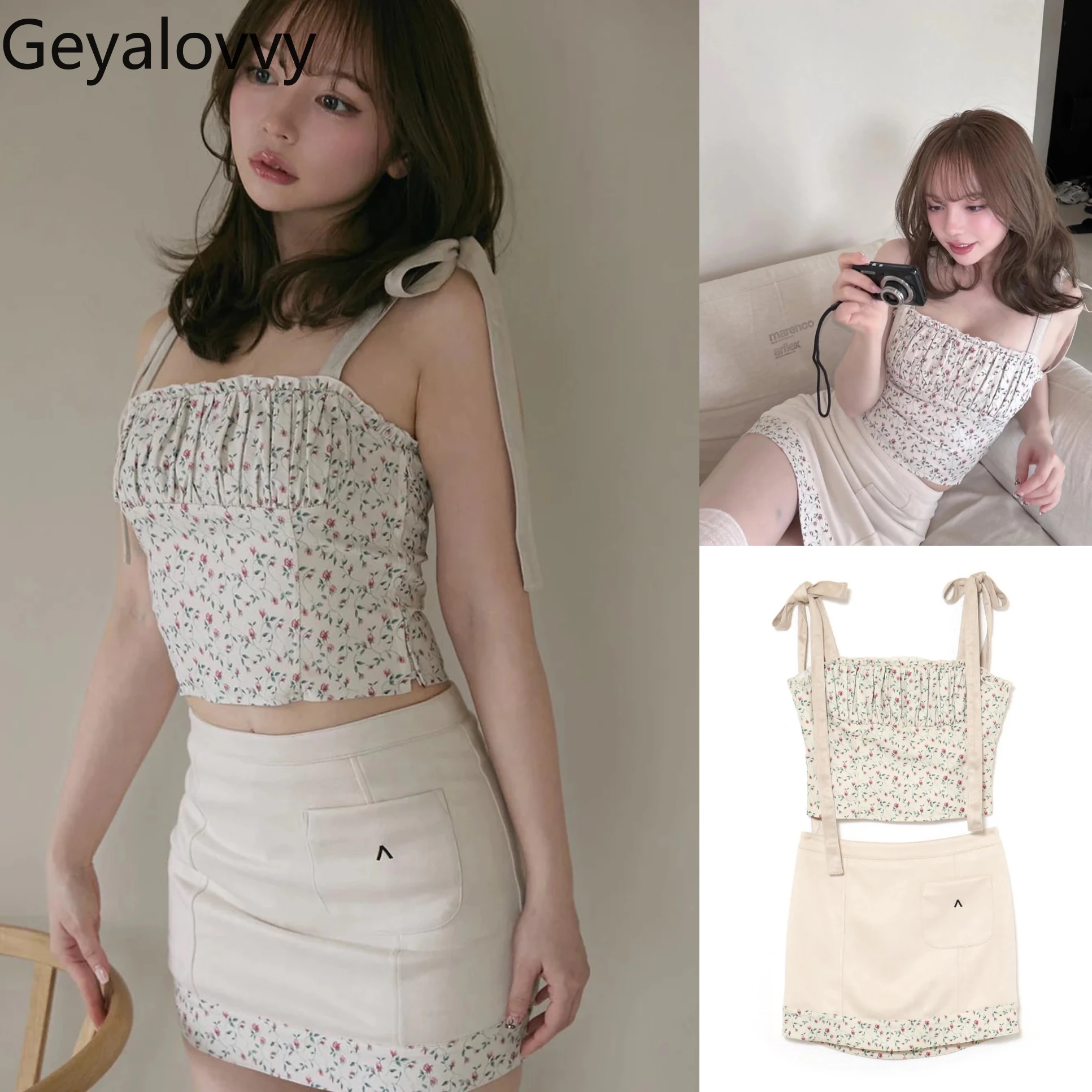 

Women's 2 Piece Sets 2025 New Summer Casual Suit Sweet Japanese Style Floral Bow Strap Sling Vest and Skirt Set Femme