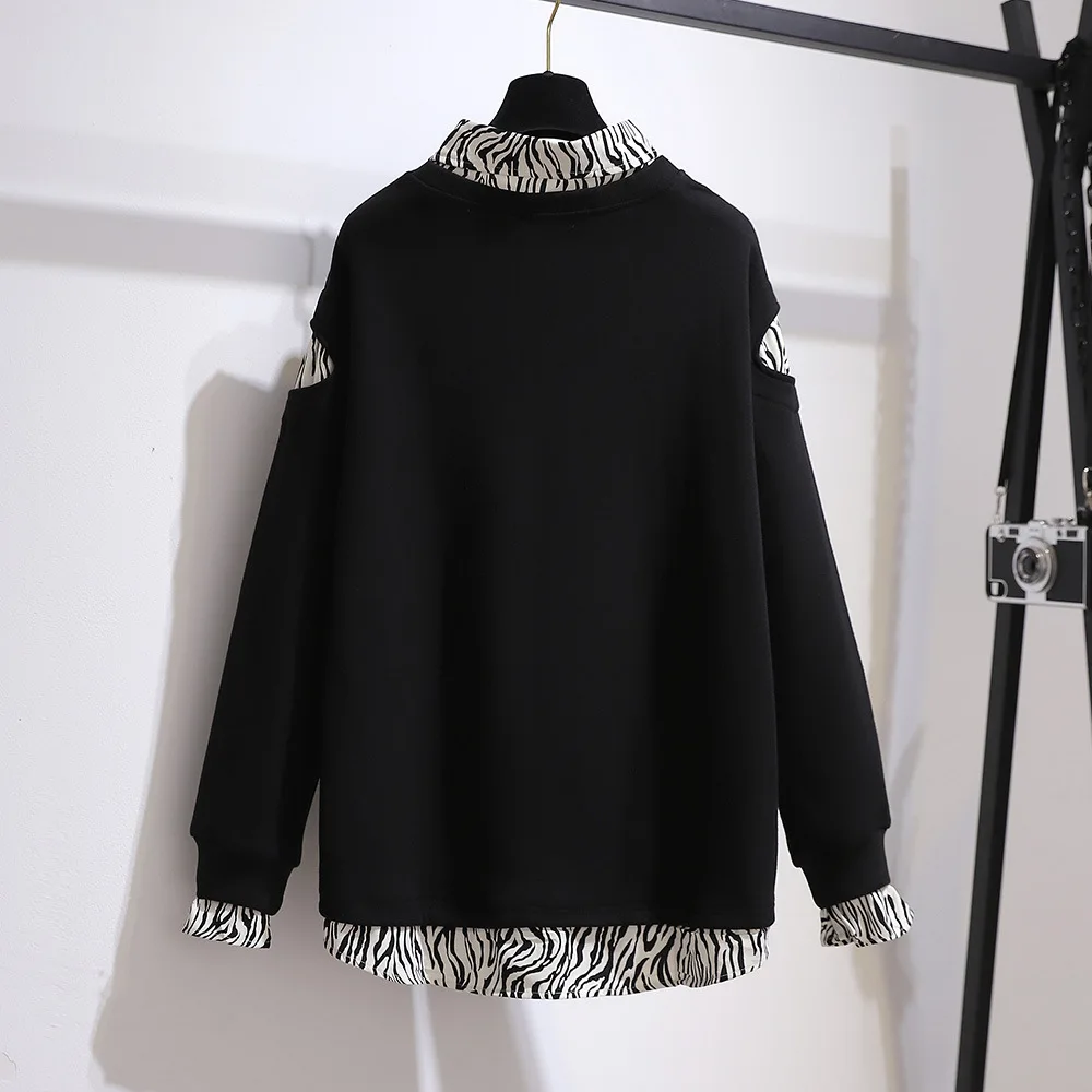 150Kg Plus Size Women's Bust 156 Autumn Winter Loose Fleece Sweatshirts Leopard Print Fake Two-Piece Top 6XL 7XL 8XL 9XL 10XL