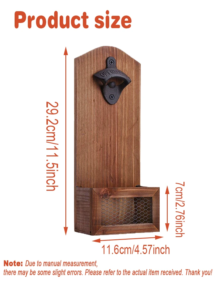 Apribottiglie da 1 pezzo, apribottiglie da parete in legno vintage con raccoglitore di tappi per bottiglie di birra, strumento per la cucina domestica