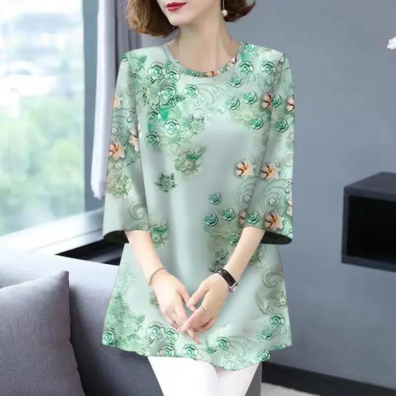 Women Clothing 2024 Summer Korean Fashion Floral Print Elegant Ice Silk T-shirt Ladies Casual O Neck 3/4 Sleeve Loose Tunic Tops