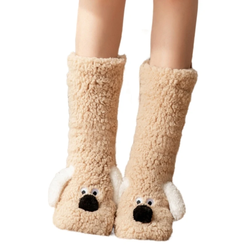 SZL Fuzzy Slipper Socks Warm Fuzzy Floor Socks with Grip Cute Dog Ears Thermal Nonslip Bed Socks for Women Home Sleeping