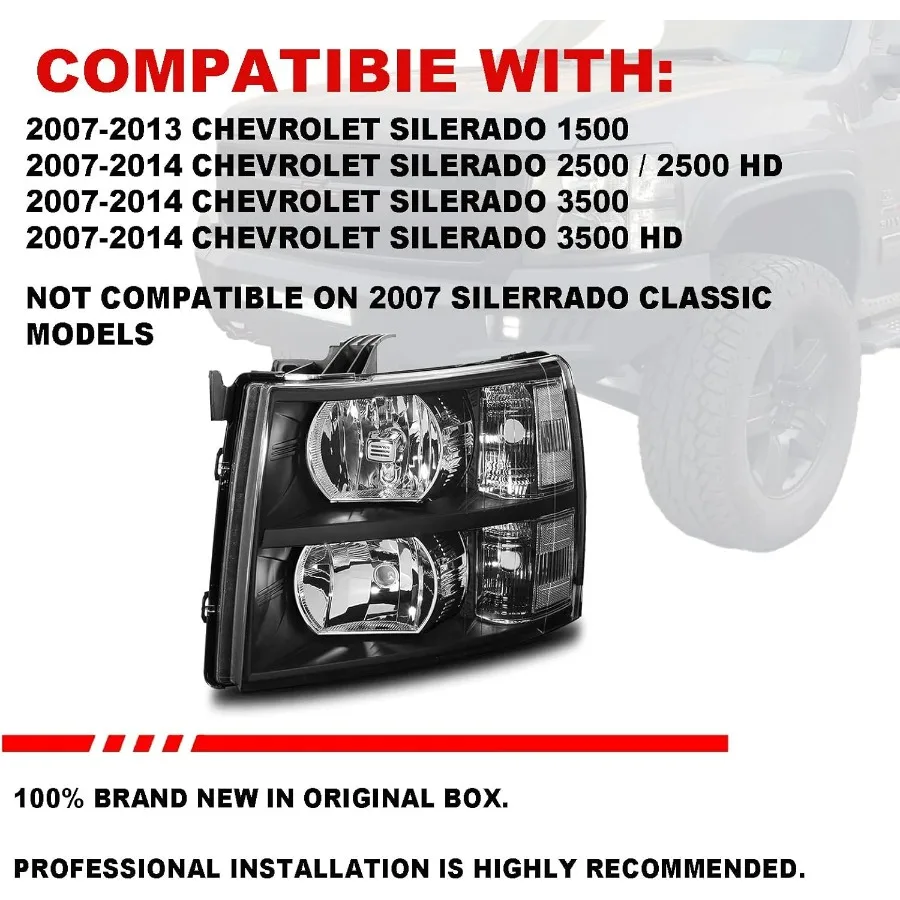 مجموعة المصابيح الأمامية مع جميع المصابيح والأسلاك المتوافقة مع 2007 2008 2009 2010 2011 2012 2013 تشيفي سيلفرادو 1500/2007-20