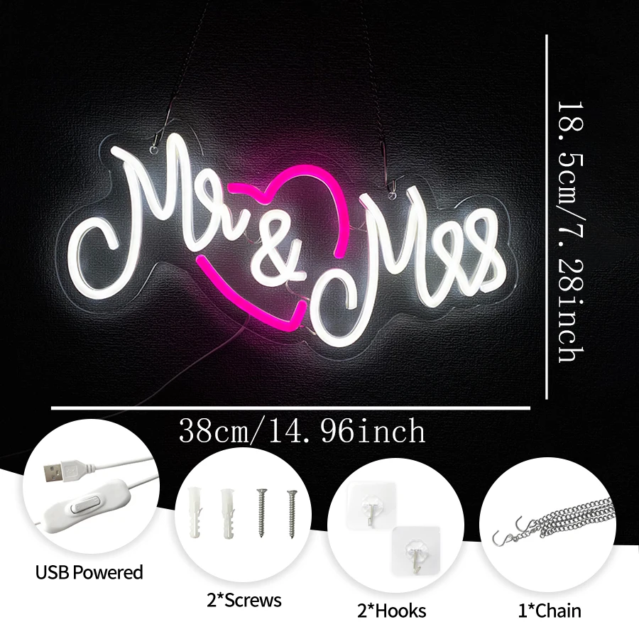 Mr & Mrs Neon Sign for Wedding Decoration, Romantic LED Neon Light Sign for Wedding Reception, Engagement Party, Bedroom Decor