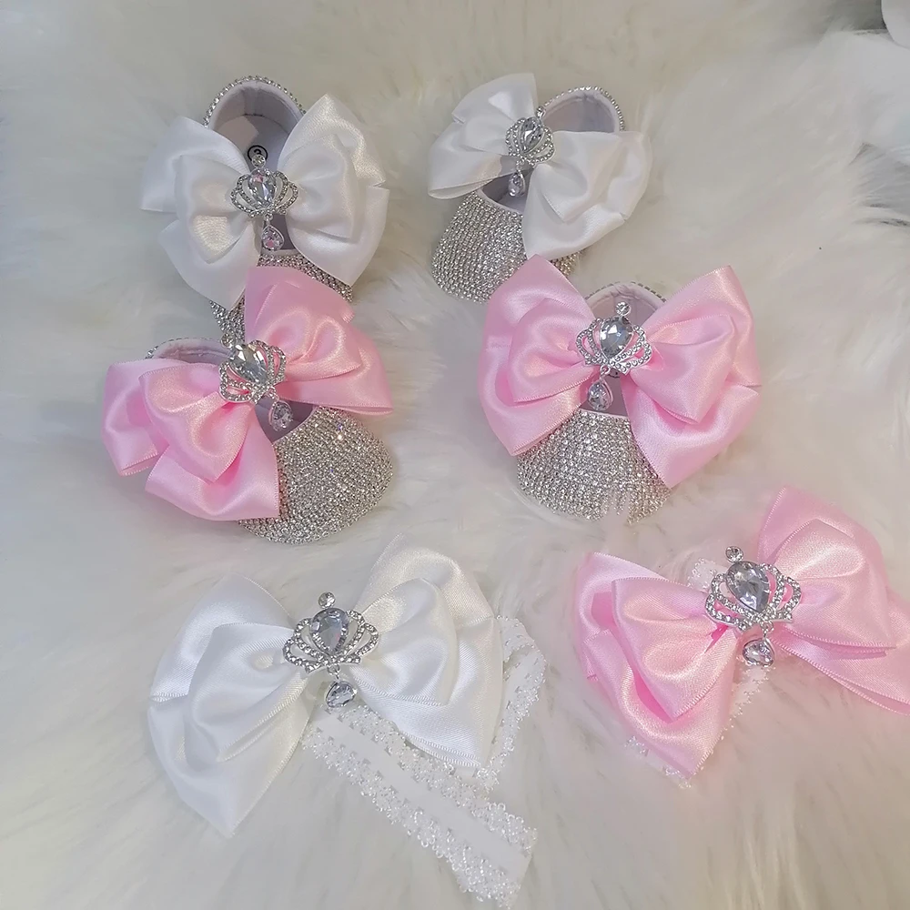 Handmade Bow Rhinestones Baby Girl Kids Shoes Hairband Sunglasses Comb First Walker Sparkle Bling Crystals Princess Shower Gift