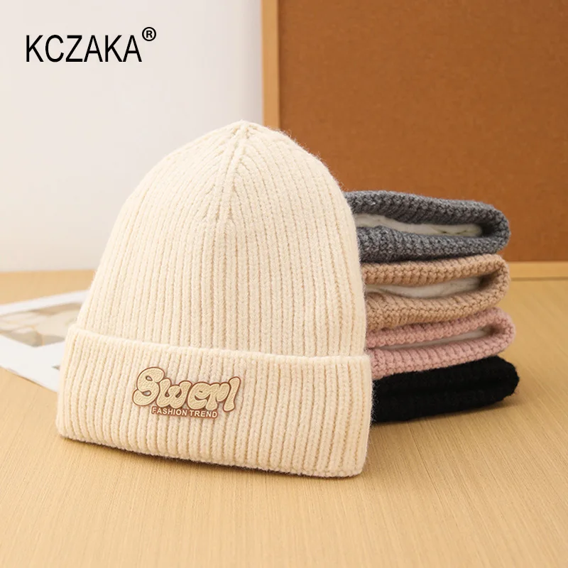 

KCZAKA Autumn Winter Cute Knitted Beanies Unisex Casual Warm Letter Slouchy Beanie Hat Ladies Double Layer Snow Skiing Hats